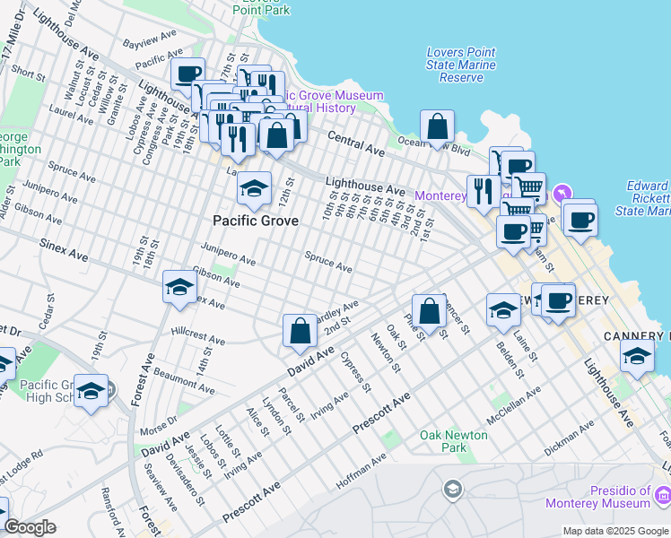 map of restaurants, bars, coffee shops, grocery stores, and more near 418 8th Street in Pacific Grove