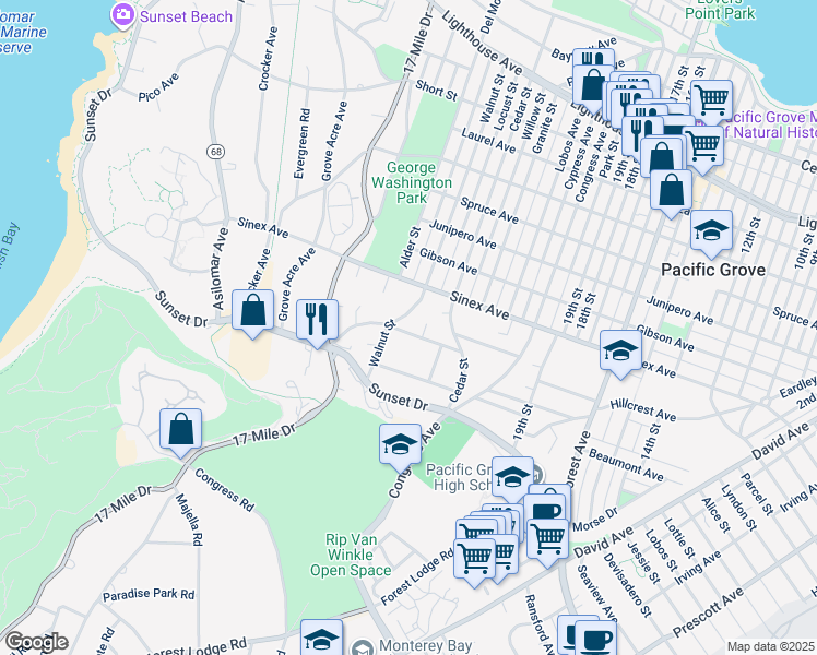 map of restaurants, bars, coffee shops, grocery stores, and more near 844 Maple Street in Pacific Grove