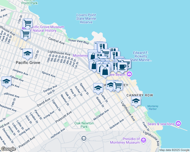 map of restaurants, bars, coffee shops, grocery stores, and more near 857 Lighthouse Avenue in Monterey
