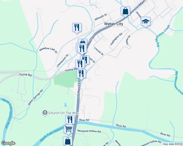 map of restaurants, bars, coffee shops, grocery stores, and more near 105-109 State Route 614 in Weber City