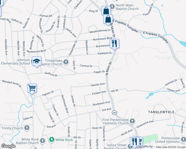 map of restaurants, bars, coffee shops, grocery stores, and more near 234 Fagan Street in Danville