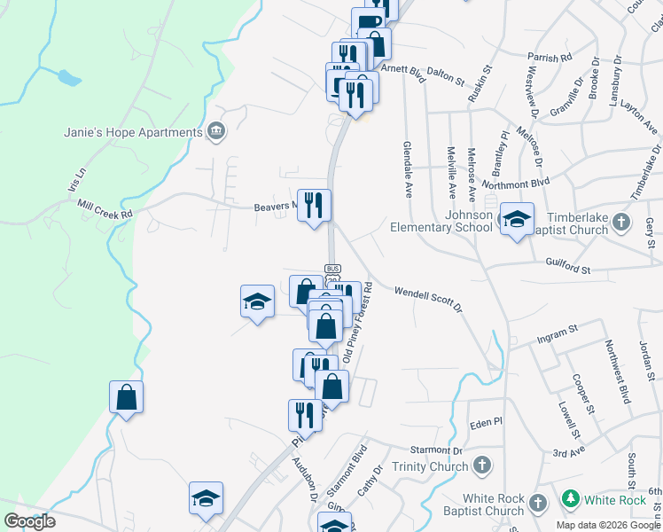 map of restaurants, bars, coffee shops, grocery stores, and more near 825 Piney Forest Road in Danville