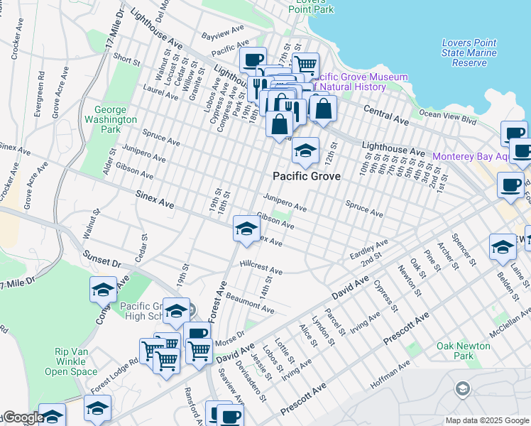 map of restaurants, bars, coffee shops, grocery stores, and more near 548 Gibson Avenue in Pacific Grove