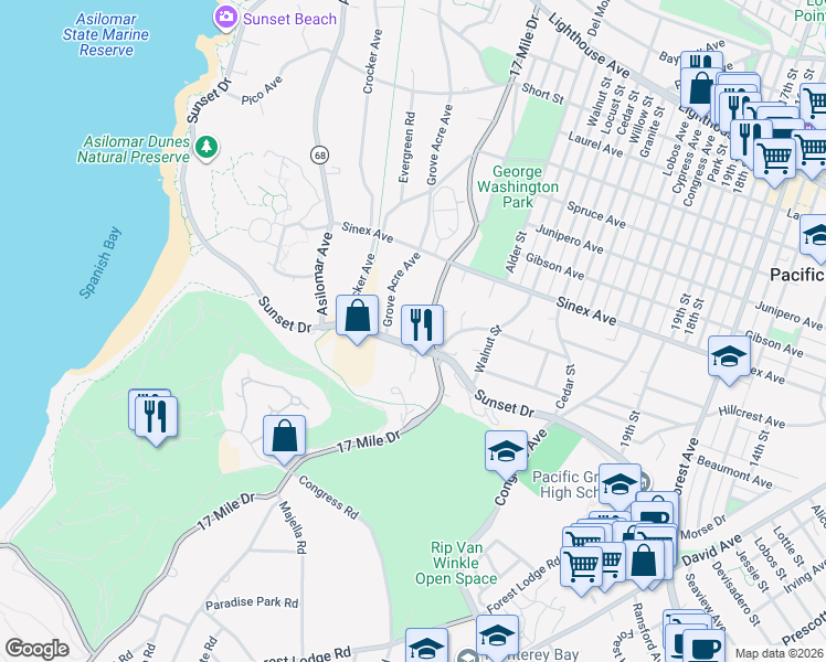 map of restaurants, bars, coffee shops, grocery stores, and more near 1006 Sunset Drive in Pacific Grove