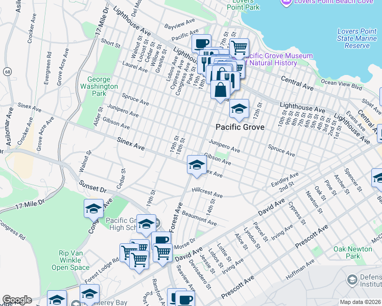 map of restaurants, bars, coffee shops, grocery stores, and more near 603 Gibson Avenue in Pacific Grove