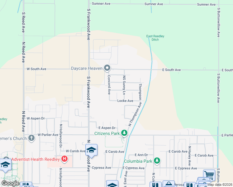 map of restaurants, bars, coffee shops, grocery stores, and more near 442 Cambridge Drive in Reedley