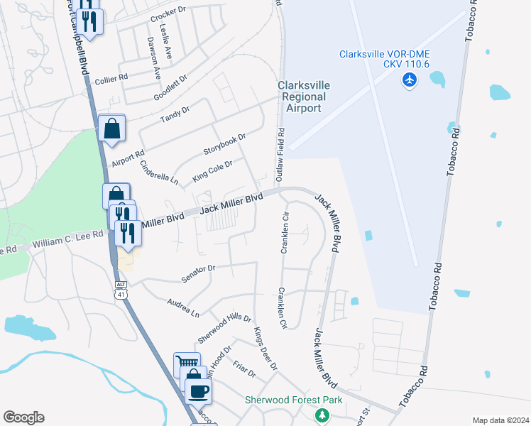 map of restaurants, bars, coffee shops, grocery stores, and more near 241 Executive Avenue in Clarksville