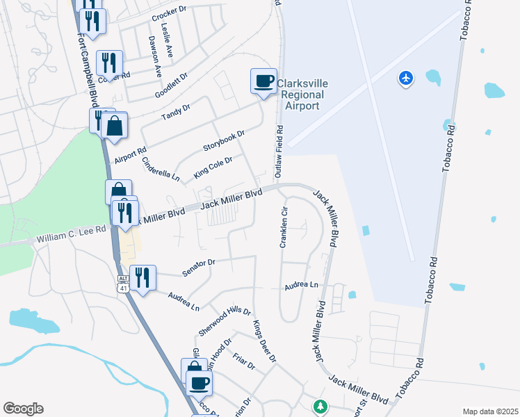 map of restaurants, bars, coffee shops, grocery stores, and more near 241 Executive Avenue in Clarksville