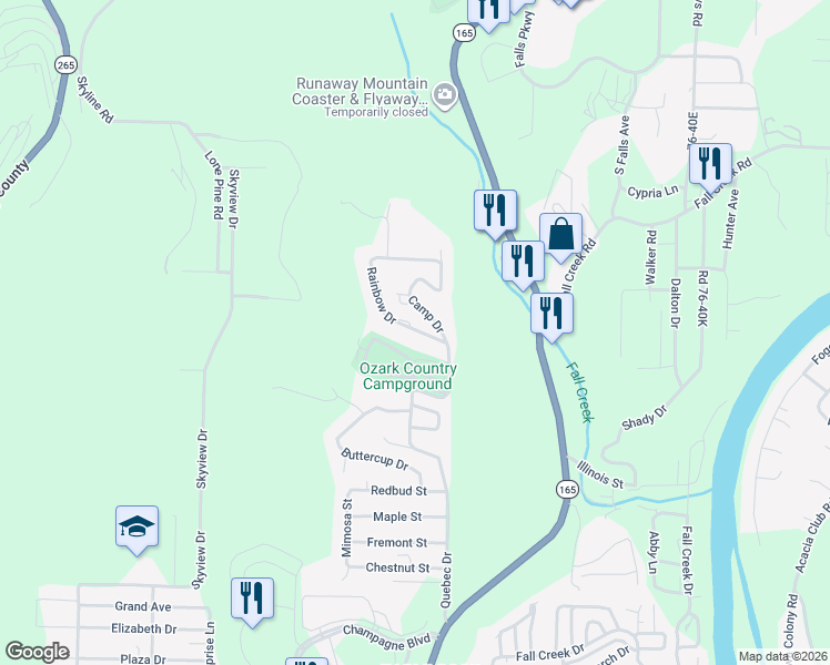 map of restaurants, bars, coffee shops, grocery stores, and more near 161 Camp Drive in Branson