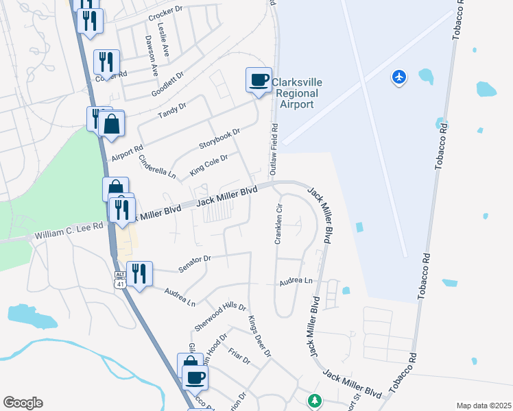 map of restaurants, bars, coffee shops, grocery stores, and more near 249 Executive Avenue in Clarksville