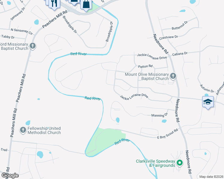 map of restaurants, bars, coffee shops, grocery stores, and more near 1987 Jackie Lorraine Drive in Clarksville