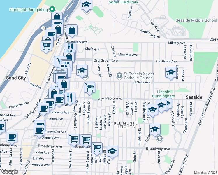 map of restaurants, bars, coffee shops, grocery stores, and more near 1869 Waring Street in Seaside