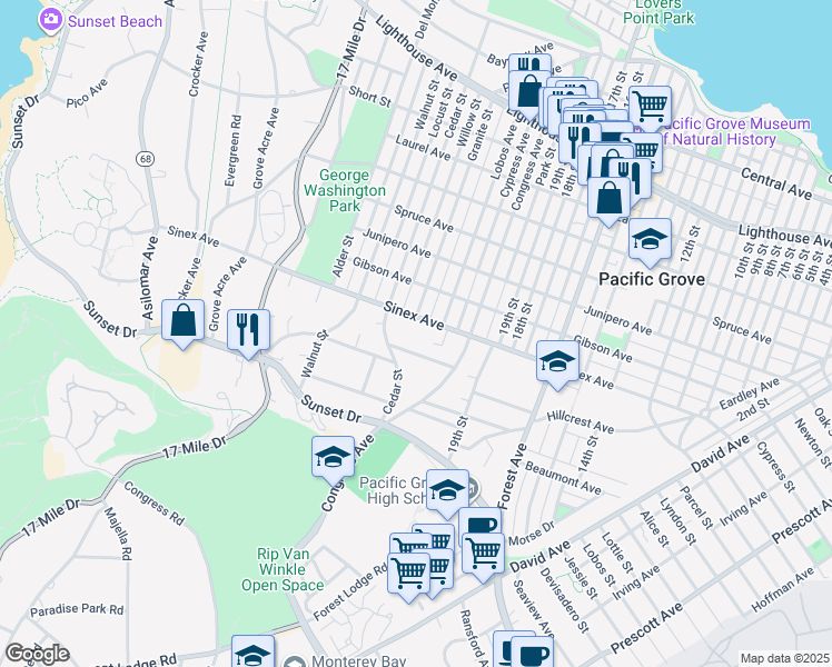 map of restaurants, bars, coffee shops, grocery stores, and more near 777 Sinex Avenue in Pacific Grove