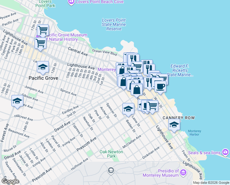 map of restaurants, bars, coffee shops, grocery stores, and more near 299 Eardley Avenue in Pacific Grove