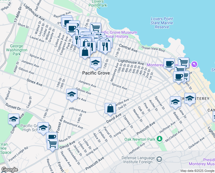 map of restaurants, bars, coffee shops, grocery stores, and more near 505 Carmel Avenue in Pacific Grove