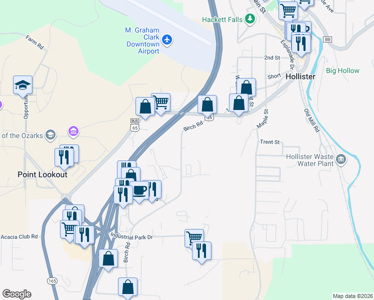 map of restaurants, bars, coffee shops, grocery stores, and more near 395-799 Birch Road in Hollister