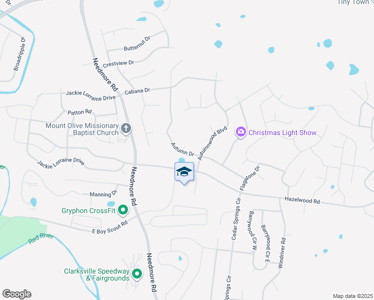 map of restaurants, bars, coffee shops, grocery stores, and more near 1577 Autumn Drive in Clarksville