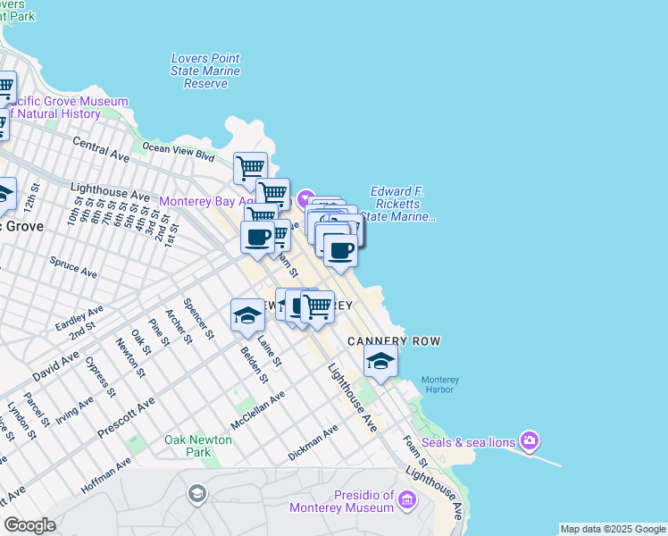 map of restaurants, bars, coffee shops, grocery stores, and more near 710 Cannery Row in Monterey