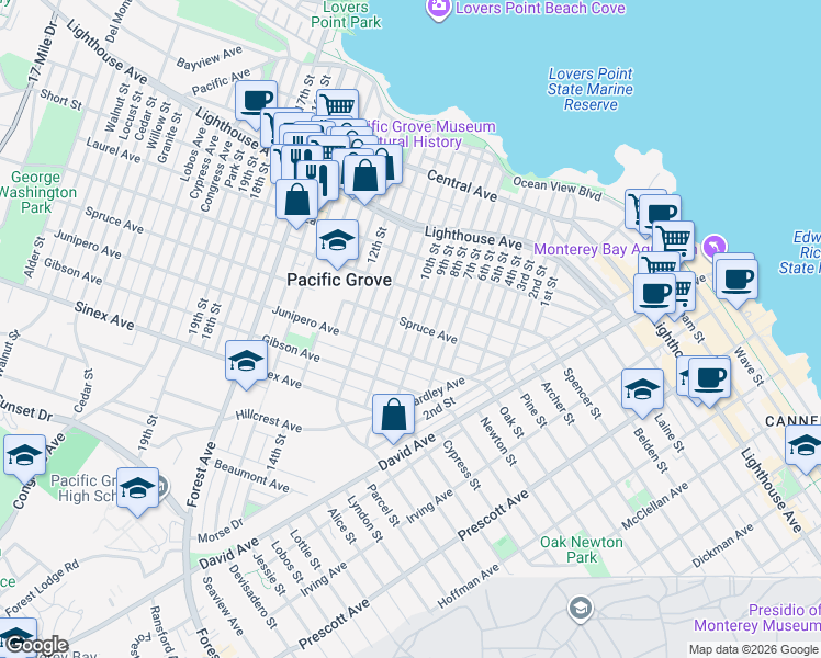 map of restaurants, bars, coffee shops, grocery stores, and more near 382 Spruce Avenue in Pacific Grove