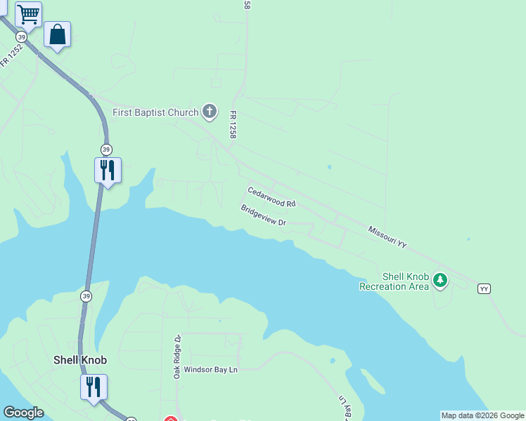 map of restaurants, bars, coffee shops, grocery stores, and more near Cedarwood Rd in Shell Knob