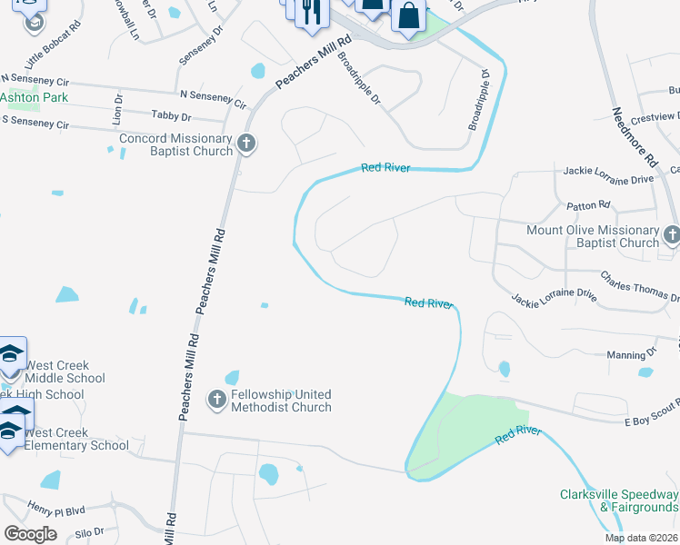 map of restaurants, bars, coffee shops, grocery stores, and more near 116 Bonnell Drive in Clarksville