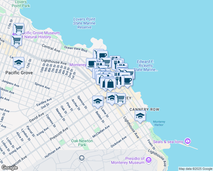 map of restaurants, bars, coffee shops, grocery stores, and more near 829 Foam Street in Monterey
