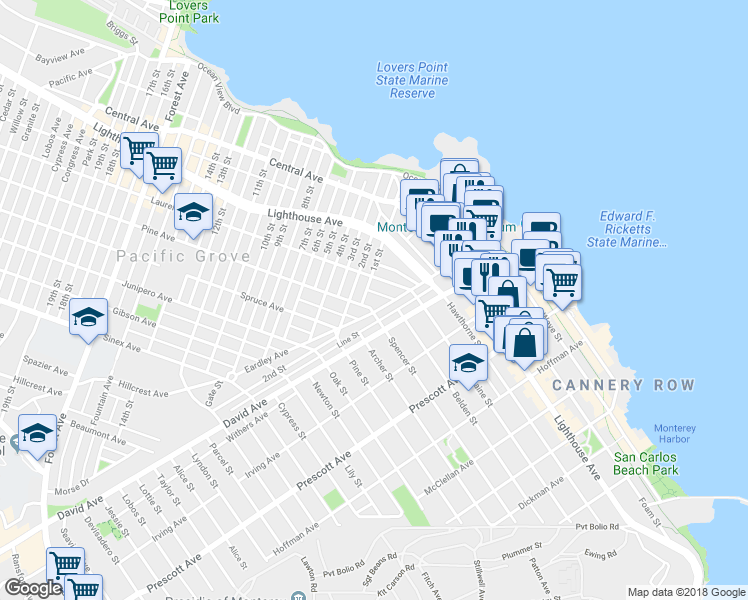 map of restaurants, bars, coffee shops, grocery stores, and more near 171 Laurel Avenue in Pacific Grove