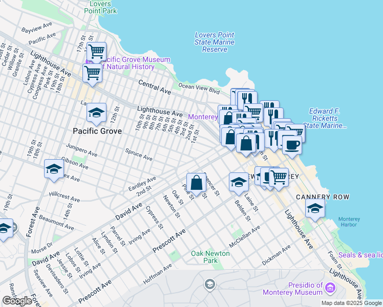 map of restaurants, bars, coffee shops, grocery stores, and more near 171 Laurel Avenue in Pacific Grove