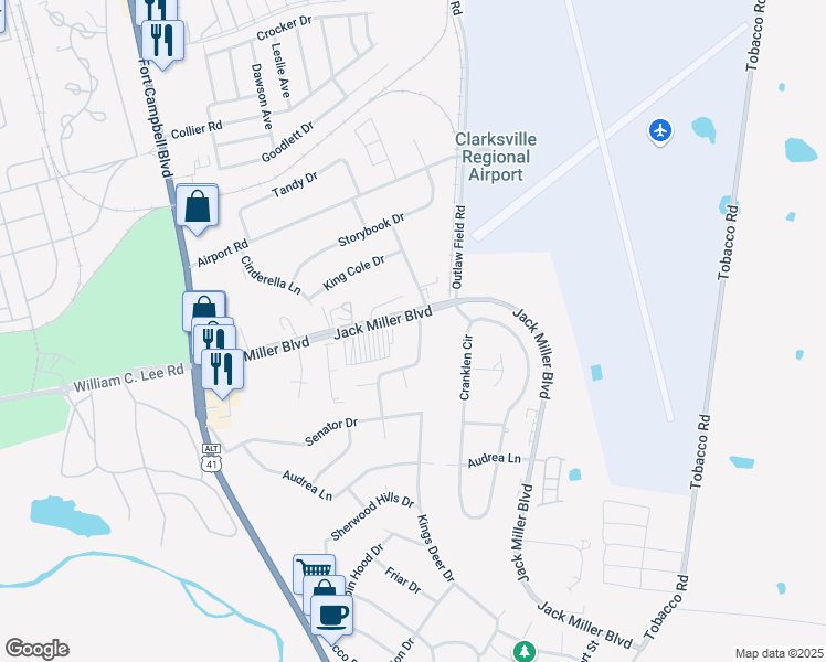 map of restaurants, bars, coffee shops, grocery stores, and more near 178 Jack Miller Boulevard in Clarksville