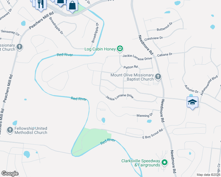 map of restaurants, bars, coffee shops, grocery stores, and more near 1012 Spicer Drive in Clarksville