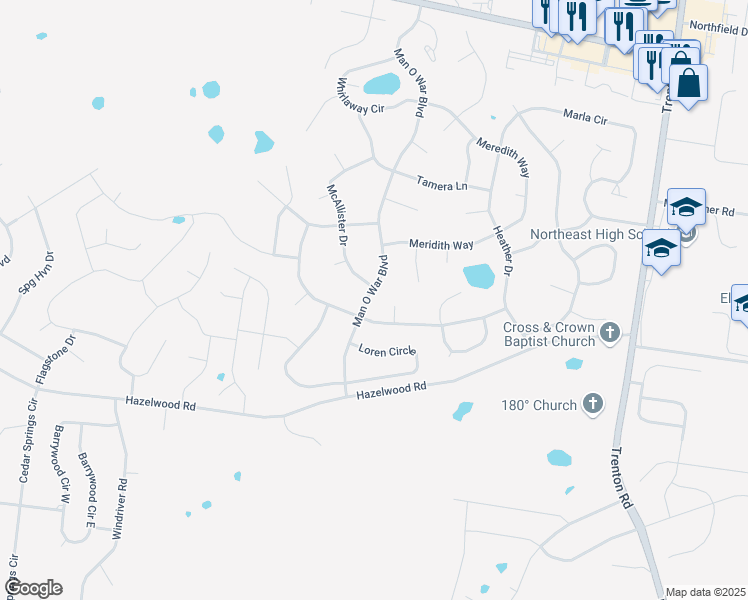 map of restaurants, bars, coffee shops, grocery stores, and more near 3783 Man O War Boulevard in Clarksville