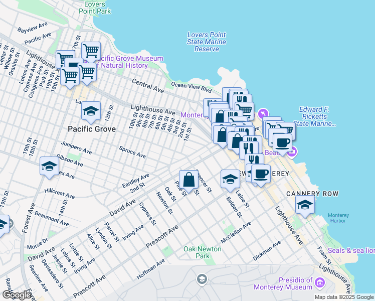 map of restaurants, bars, coffee shops, grocery stores, and more near 184 Pine Avenue in Pacific Grove