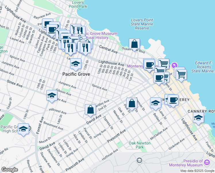map of restaurants, bars, coffee shops, grocery stores, and more near 411 7th Street in Pacific Grove