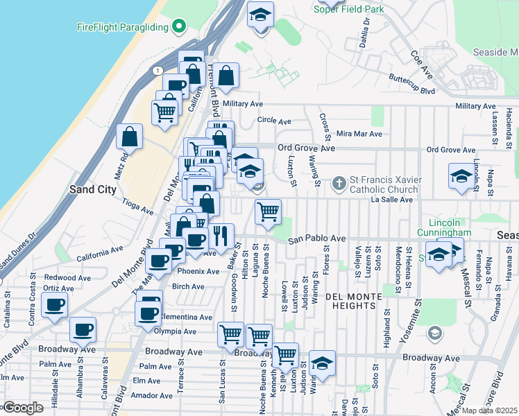 map of restaurants, bars, coffee shops, grocery stores, and more near 1880 Laguna Street in Seaside