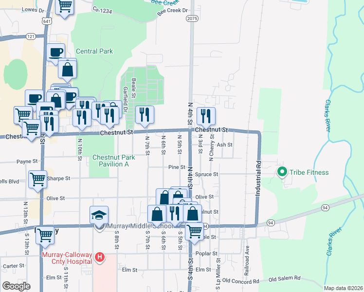 map of restaurants, bars, coffee shops, grocery stores, and more near 501 North 5th Street in Murray