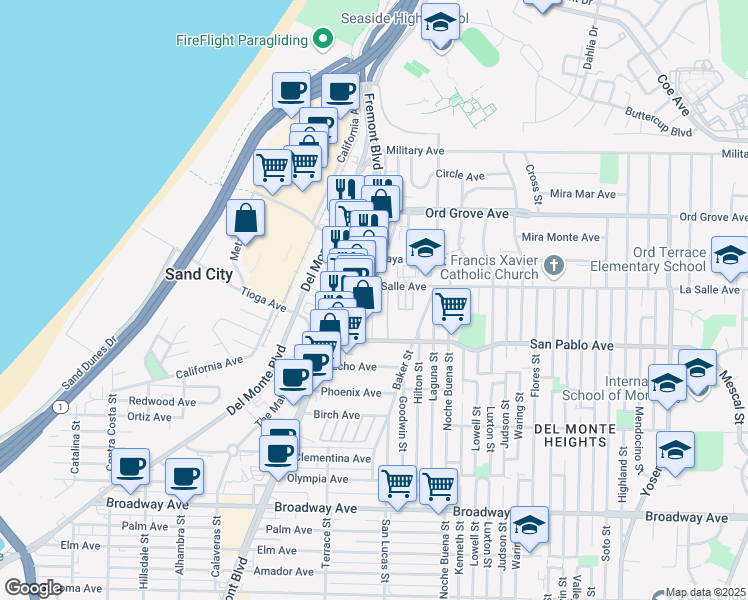map of restaurants, bars, coffee shops, grocery stores, and more near 1198 La Salle Avenue in Seaside