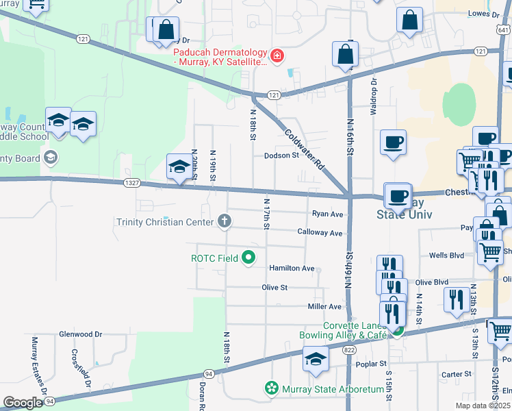 map of restaurants, bars, coffee shops, grocery stores, and more near 1704 Ryan Avenue in Murray