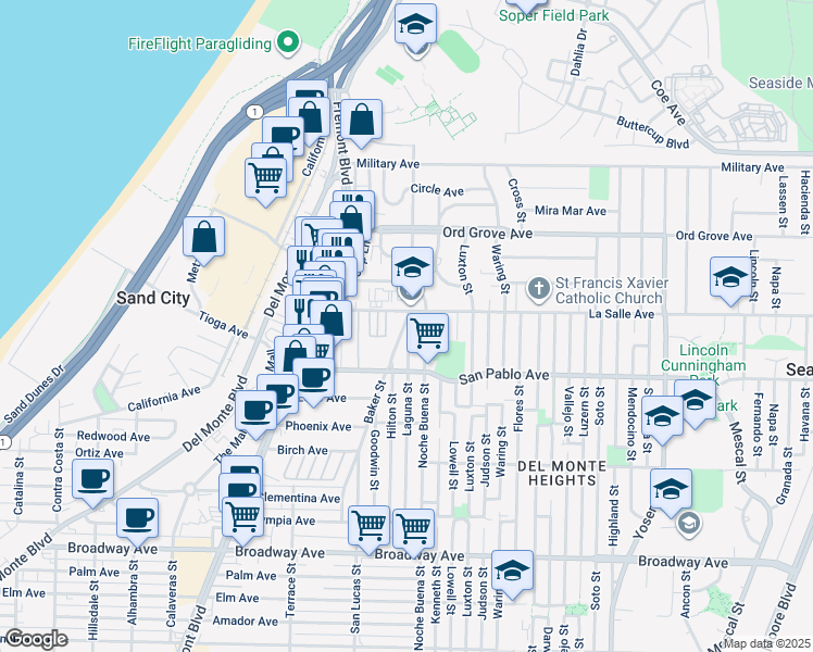 map of restaurants, bars, coffee shops, grocery stores, and more near 1206 La Salle Avenue in Seaside