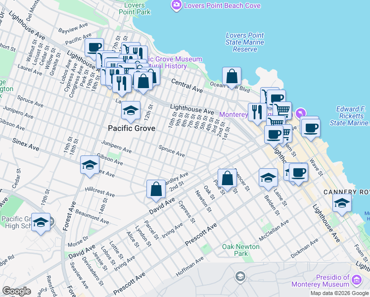 map of restaurants, bars, coffee shops, grocery stores, and more near 411 7th Street in Pacific Grove