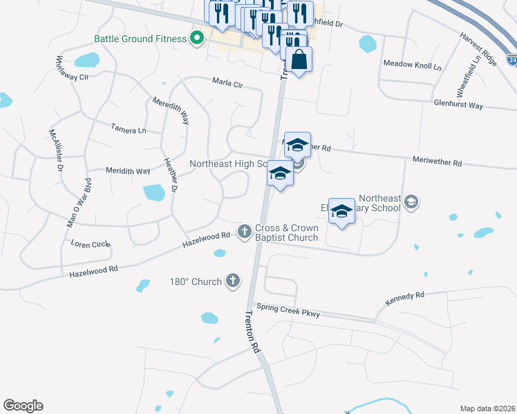 map of restaurants, bars, coffee shops, grocery stores, and more near 3710 Trenton Road in Clarksville