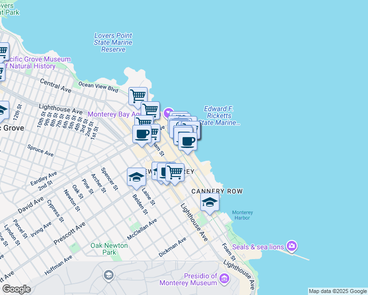 map of restaurants, bars, coffee shops, grocery stores, and more near 710 Cannery Row in Monterey