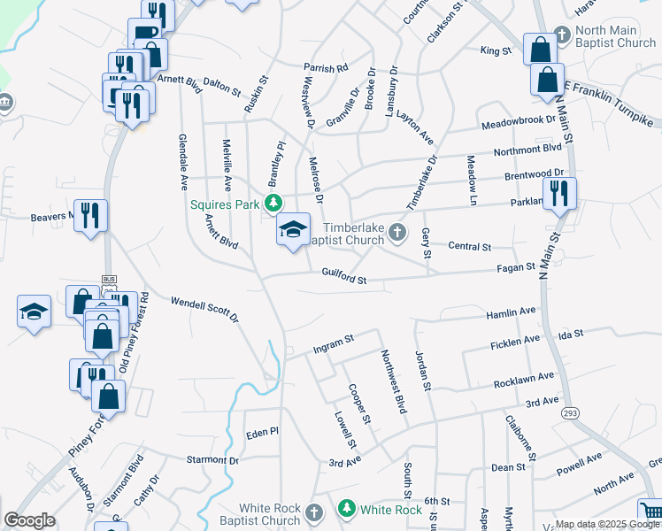 map of restaurants, bars, coffee shops, grocery stores, and more near 219 Guilford Street in Danville