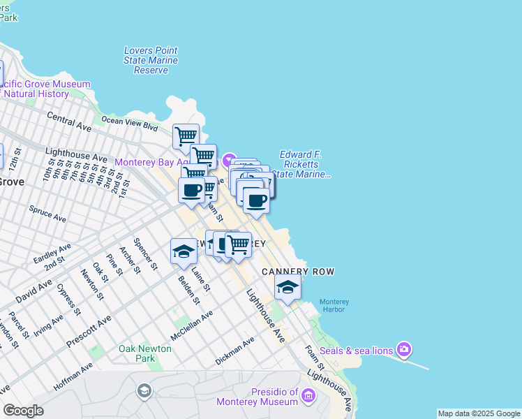 map of restaurants, bars, coffee shops, grocery stores, and more near 700 Cannery Row in Monterey
