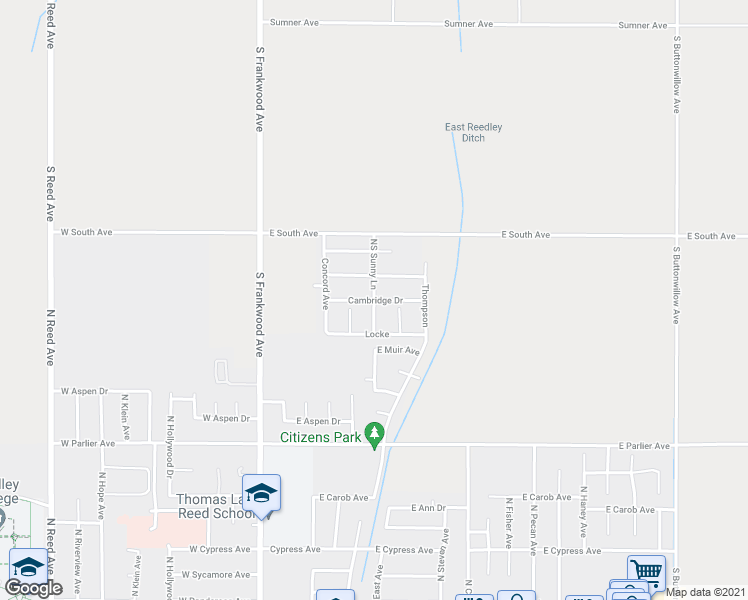 map of restaurants, bars, coffee shops, grocery stores, and more near NS Sunny Lane & Cambridge Drive in Reedley