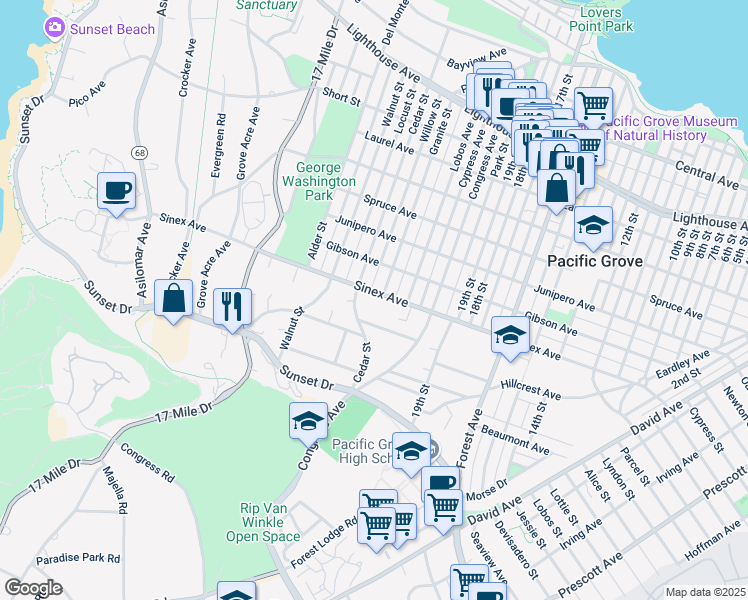 map of restaurants, bars, coffee shops, grocery stores, and more near 777 Sinex Avenue in Pacific Grove