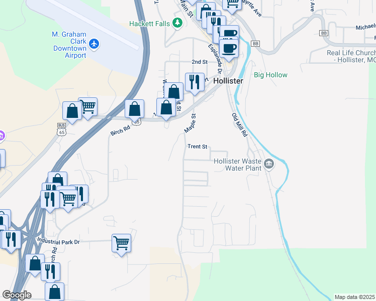 map of restaurants, bars, coffee shops, grocery stores, and more near 114 Trent Street in Hollister