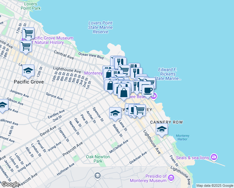 map of restaurants, bars, coffee shops, grocery stores, and more near 857 Lighthouse Avenue in Monterey