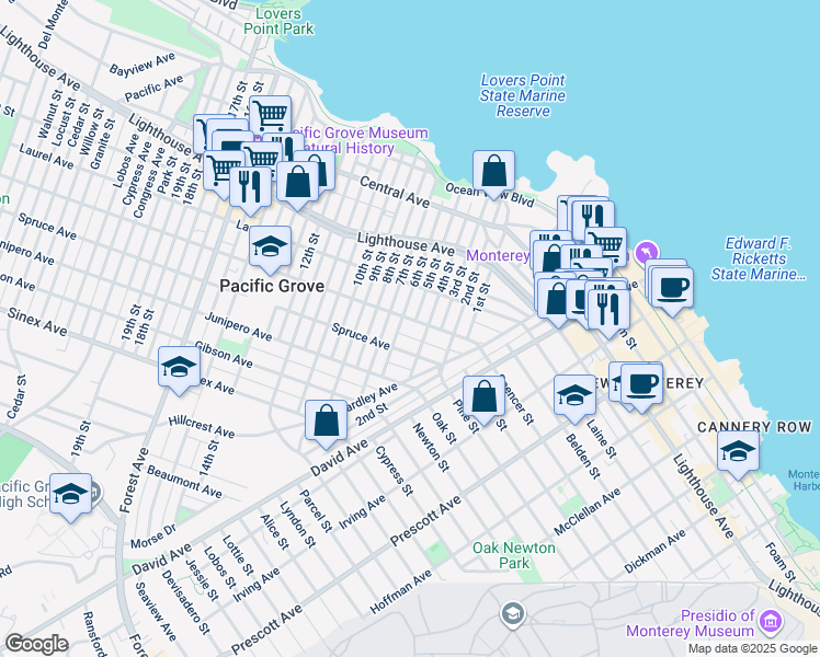 map of restaurants, bars, coffee shops, grocery stores, and more near 273 Pine Avenue in Pacific Grove