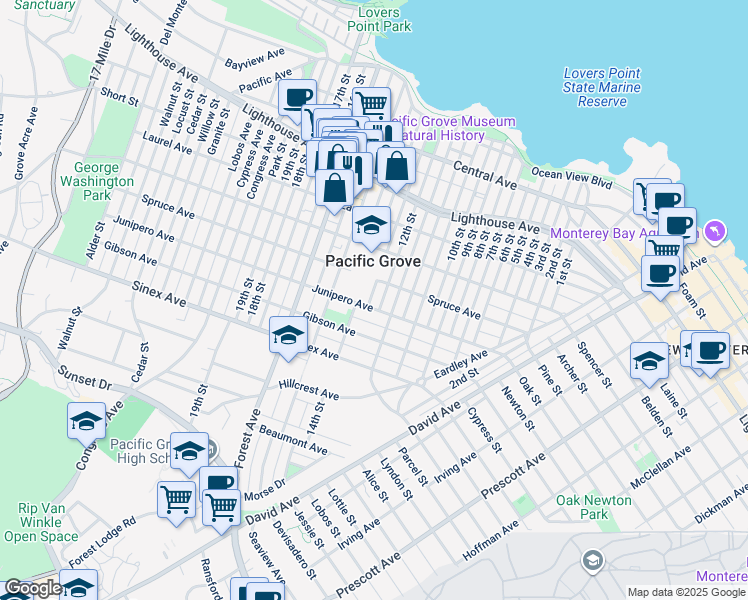 map of restaurants, bars, coffee shops, grocery stores, and more near 515 13th Street in Pacific Grove