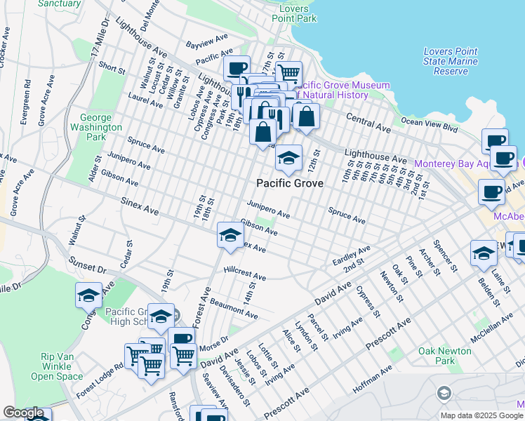 map of restaurants, bars, coffee shops, grocery stores, and more near 601 Fountain Avenue in Pacific Grove